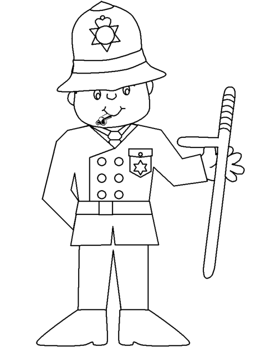 Kolorowanka policyjna w dużej czapce z pałką tonfą w ręce i gwizdkiem w ustach
