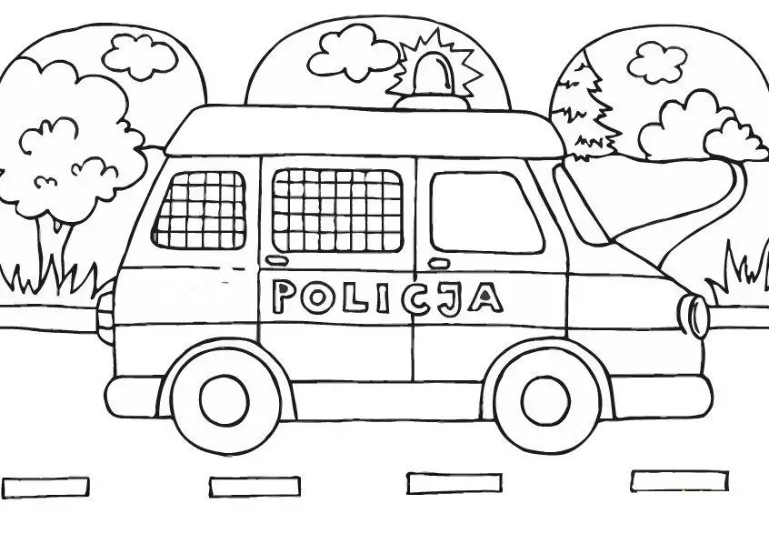 Kolorowanka policyjna wóz policyjny jedzie na sygnale po drodze wśród drzew