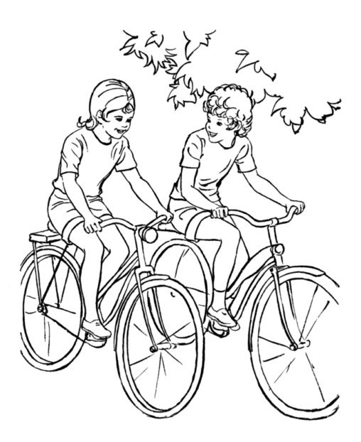 Kolorowanka rower dwóch rowerzystów jedzie obok drzewa na klasycznych rowerach