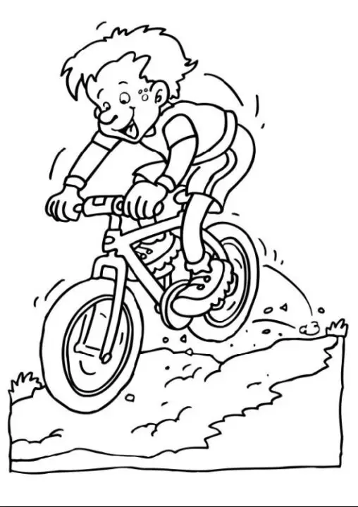 Kolorowanka rower dziecko skacze z górki na rowerze