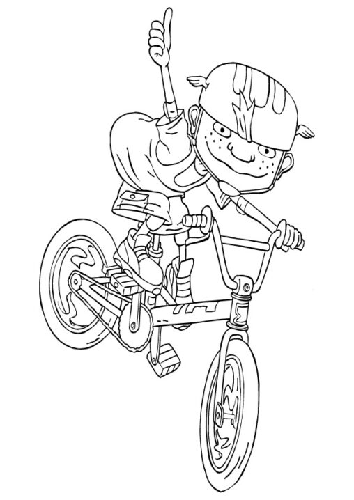 Kolorowanka rower dziecko w kasku pokazuje okej ręką jadąc na rowerze