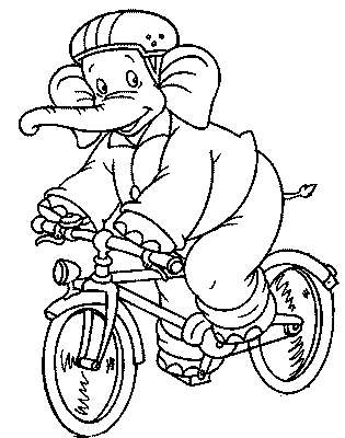 Kolorowanka rower na którym jedzie uśmiechnięty słoń w kasku