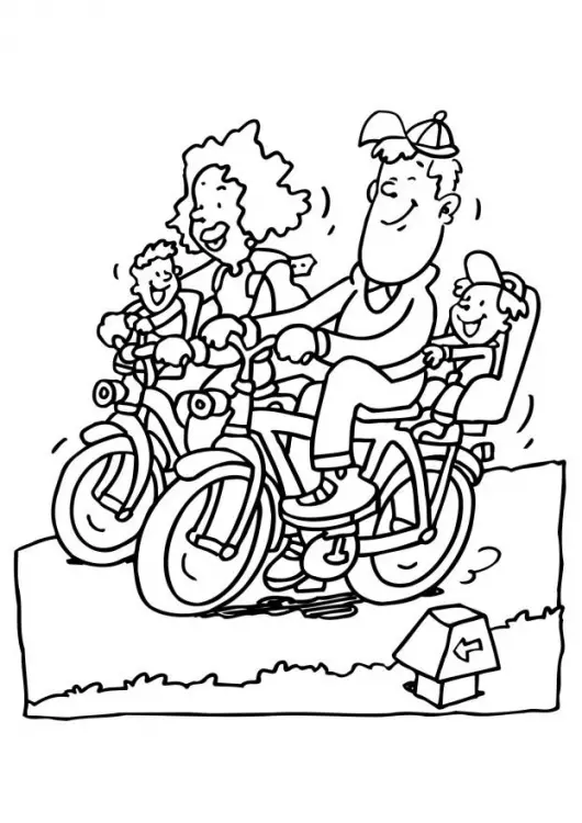 Kolorowanka rower rodzina jedzie po drodze na rowerach z siedzeniami dla dzieci