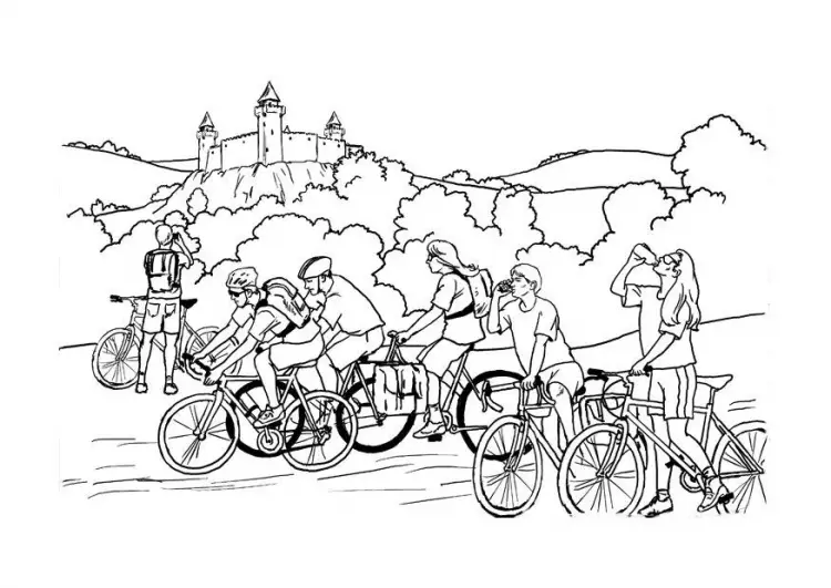 Kolorowanka rower rowerzyści jadą wśród gór, gdzie w oddali widać zamek