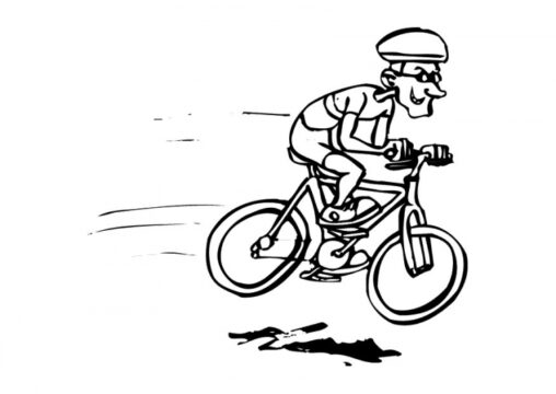 Kolorowanka rower rowerzysta jedzie szybko w kasku na rowerze klasycznym