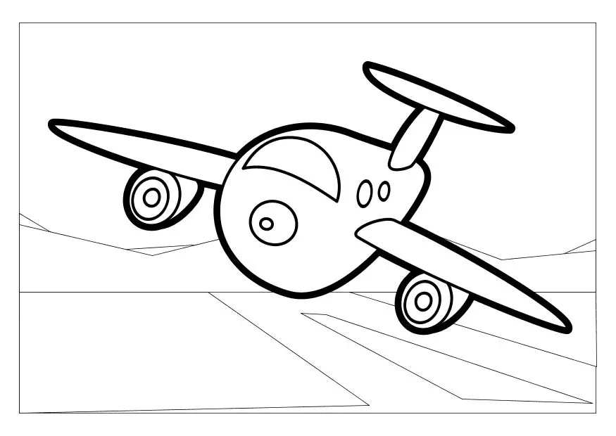 Kolorowanka samolot mały pasażerski z dwoma silnikami wznosi się nad pasem startowym - widok od przodu