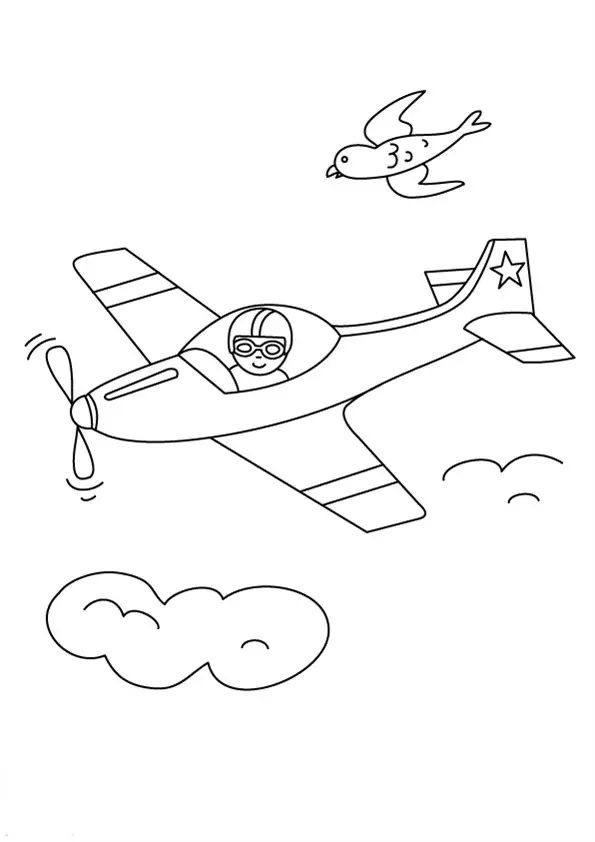 Kolorowanka samolot mały śmigłowy leci równo z ptakiem wśród chmur z pilotem za sterem