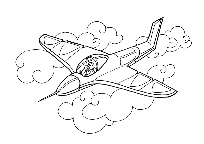 Kolorowanka samolot mały szybowiec leci z pilotem wśród chmur