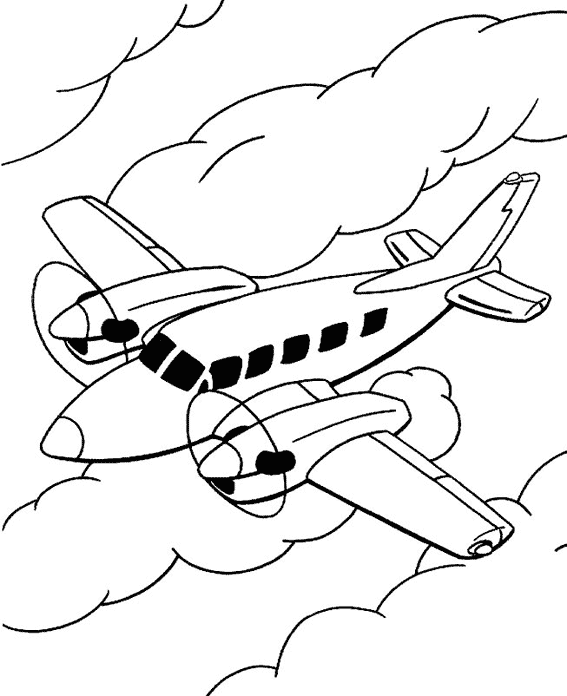 Kolorowanka samolot mały z dwoma silnikami śmigłowym leci nad chmurami z ciemnymi szybami