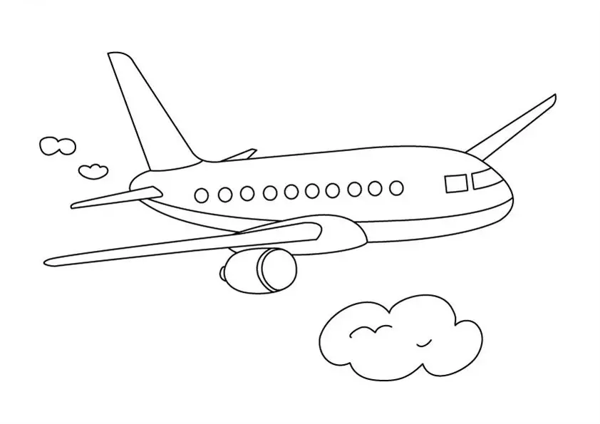 Kolorowanka samolot pasażerski duży i masywny leci nad chmurą w prawą stronę