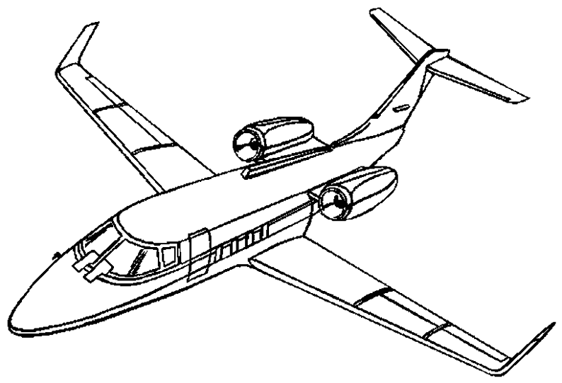 Kolorowanka samolot pasażerski, krótki, wąski i mały z dwoma silnikami na ogonie