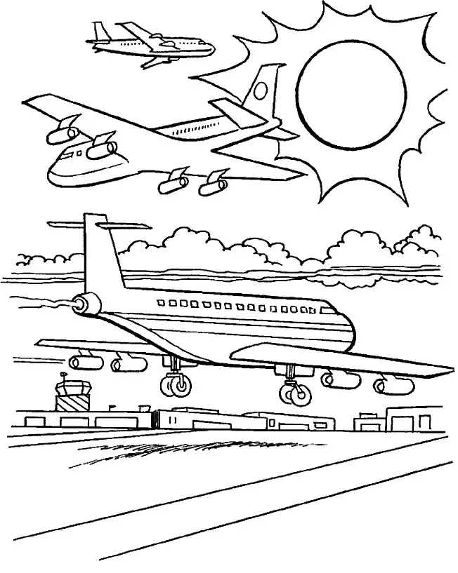 Kolorowanka samolot pasażerski ląduje na lotnisku, wokół którego latają inne samoloty