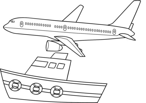Kolorowanka samolot pasażerski leci nad jachtem