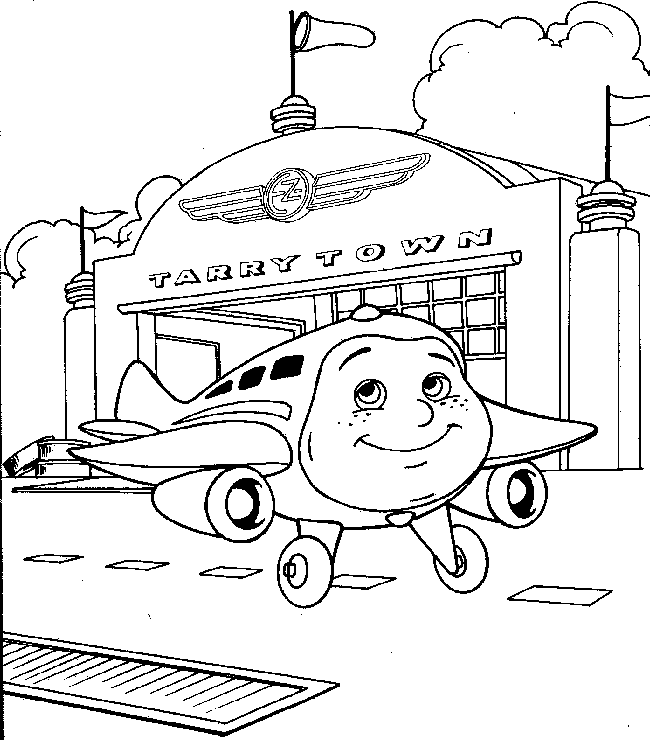Kolorowanka samolot pasażerski mały stoi przy hangarze z dumną twarzą na dziobie