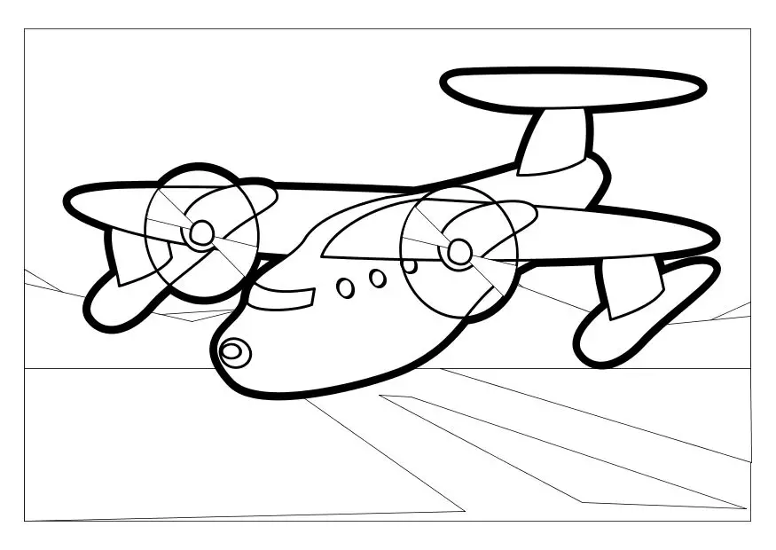 Kolorowanka samolot pasażerski mały z dwoma śmigłami na bokach i płozami do wodowania ląduje na pasie startowym