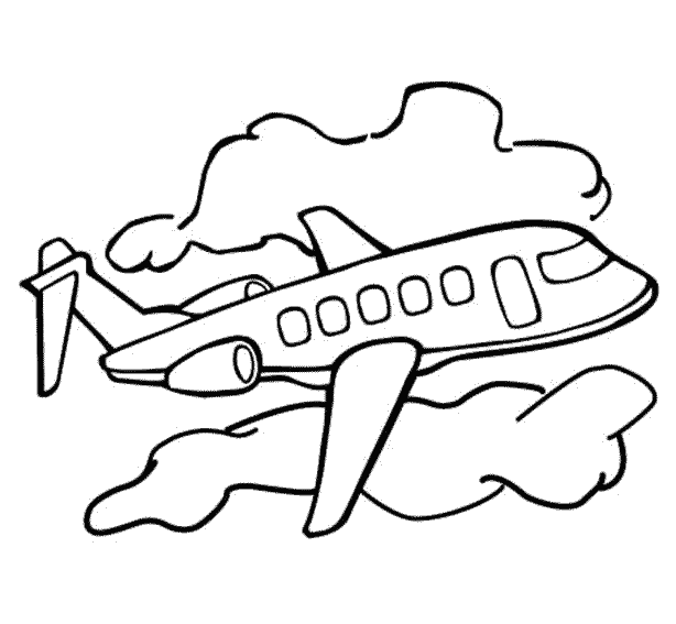 Kolorowanka samolot pasażerski prosty do pokolorowania wśród chmur