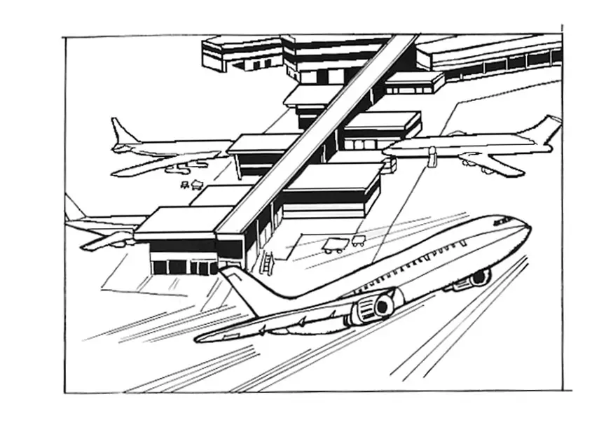 Kolorowanka samolot pasażerski startuje z lotniska, na którym do terminali podjeżdżają inne samoloty