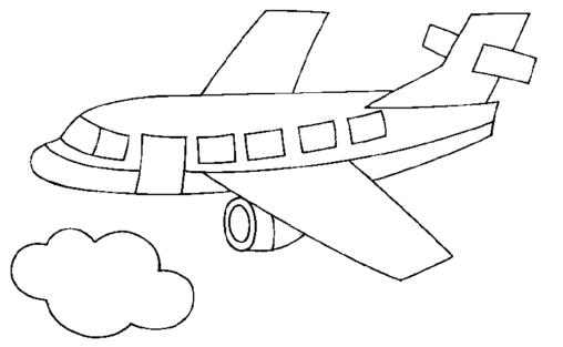 Kolorowanka samolot pasażerski z dużymi drzwiami z boku leci nad chmurą