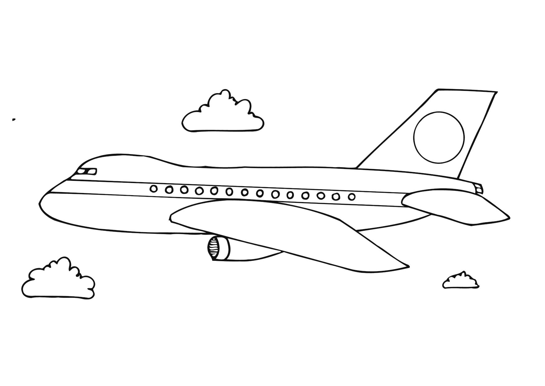 Kolorowanka samolot pasażerski z dwoma silnikami i dużym kokpitem leci obok trzech chmurek