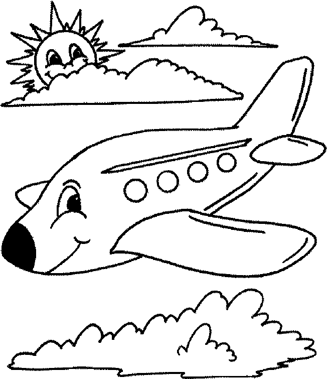 Kolorowanka samolot pasażerski z twarzą psa na dziobie leci nad chmurami przy Słoneczku