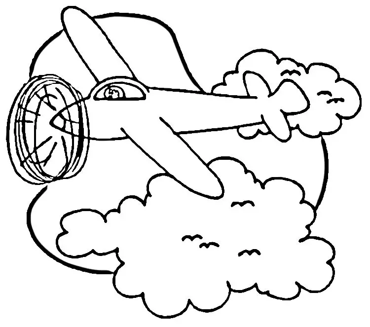 Kolorowanka samolot prosty i długi z jednym śmigłem leci nad chmurami łatwy do pokolorowania