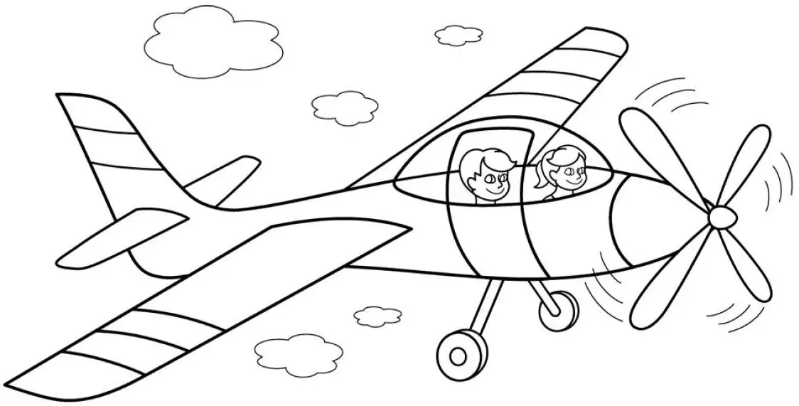Kolorowanka samolot śmigłowy leci wśród chmur pilotowany przez dwójkę dzieci