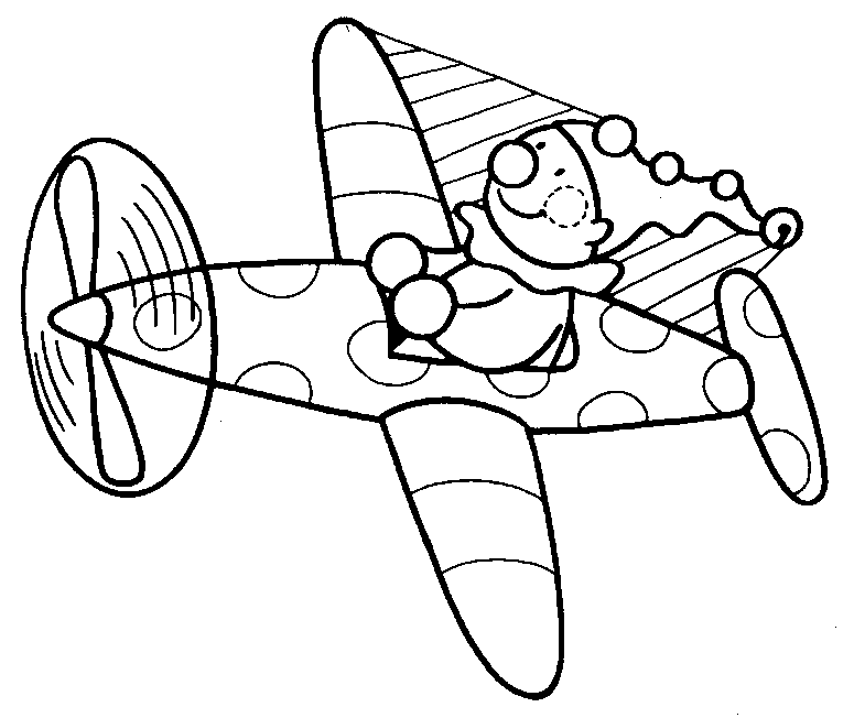 Kolorowanka samolot śmigłowy w kropki leci pilotowany przez małego klauna w długiej czapce z pomponem