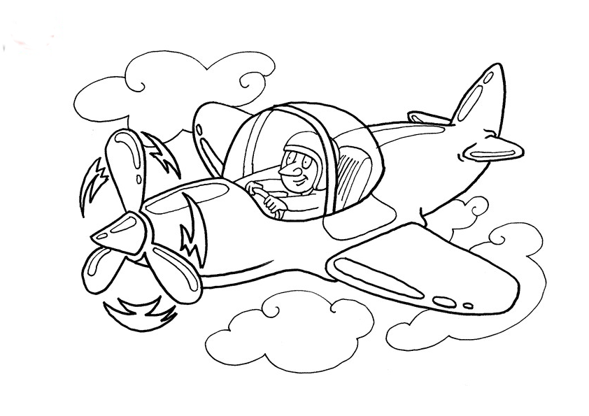 Kolorowanka samolot śmigłowy z pilotem w kabinie leci w chmurach