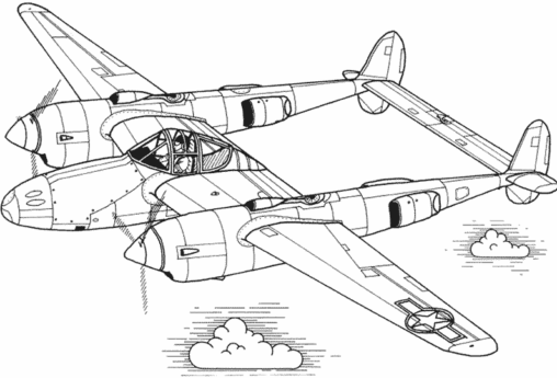 Kolorowanka samolot z drugiej wojny z dwoma silnikami i podwójnym ogonem