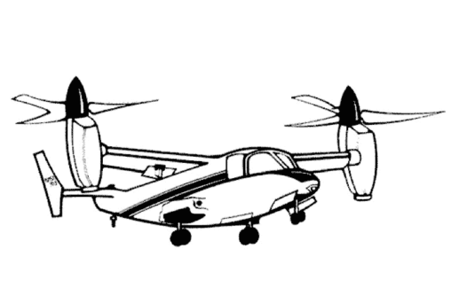 Kolorowanka samolot z dwoma silnikami śmigłowymi ustawionymi do góry w trybie helikoptera