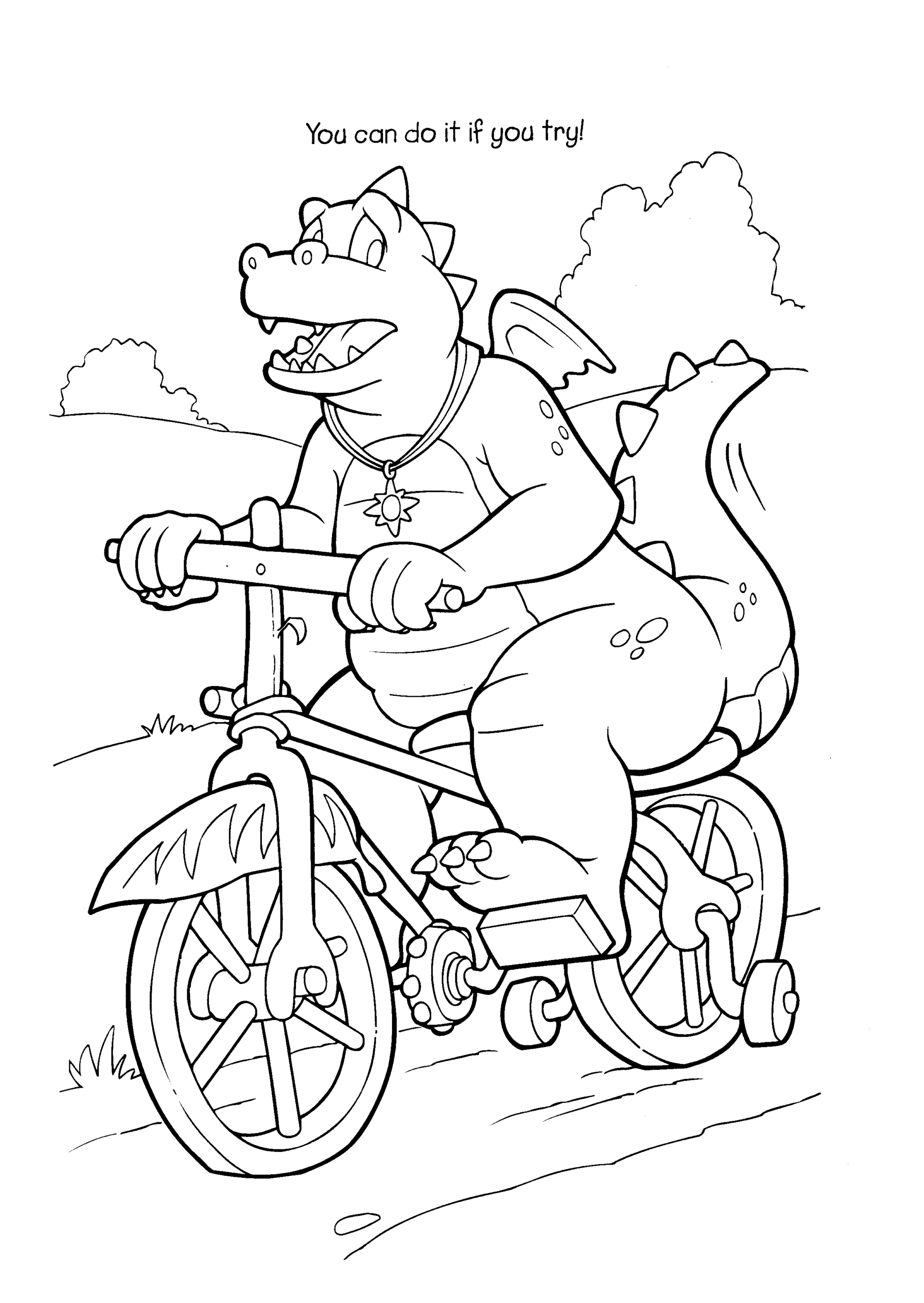 Kolorowanka smok jedzie przestraszony na rowerze podnosząc ogon