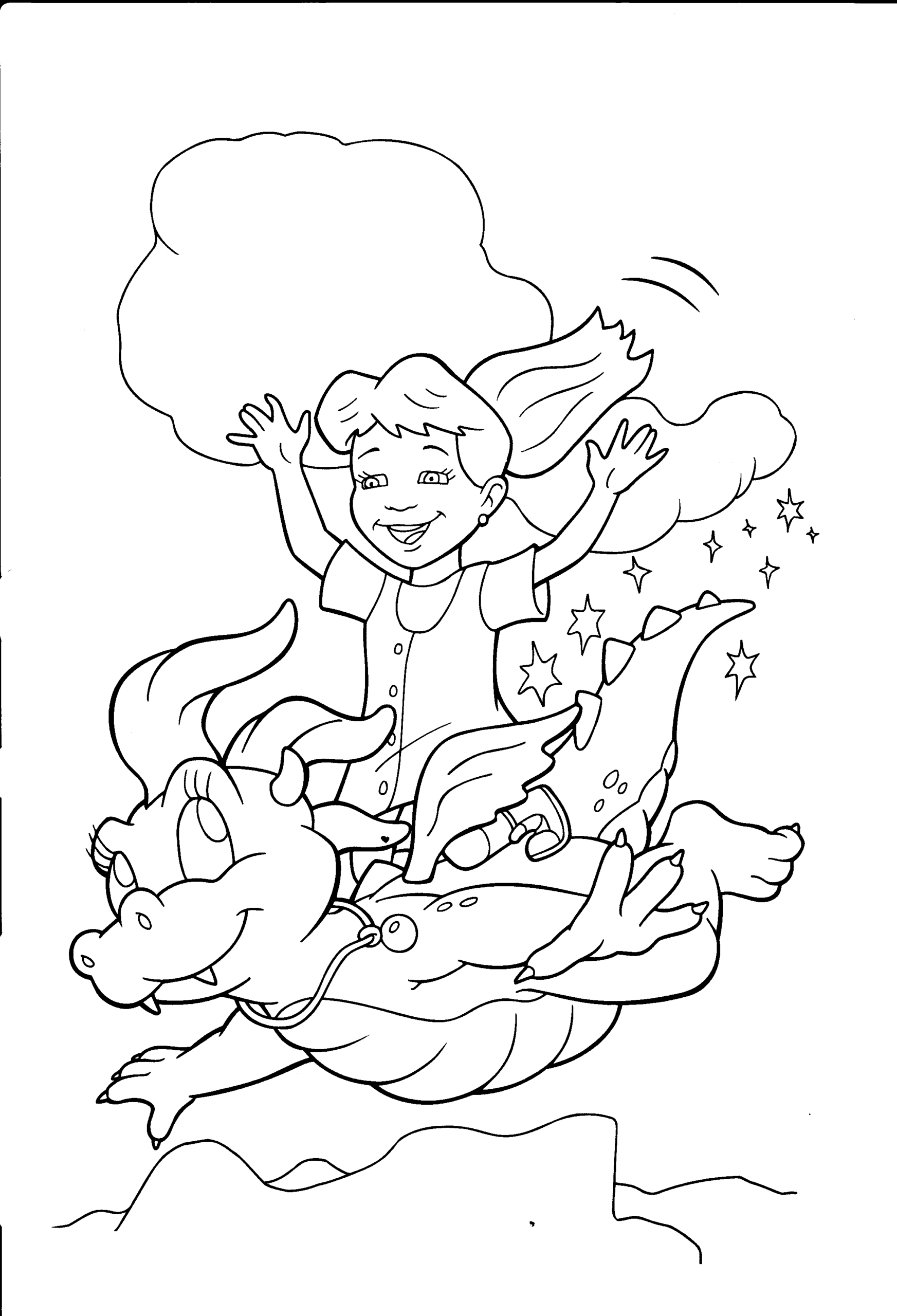 Kolorowanka smok mała samica leci wśród chmur pozostawiając gwiazdki z dziewczynką na grzbiecie