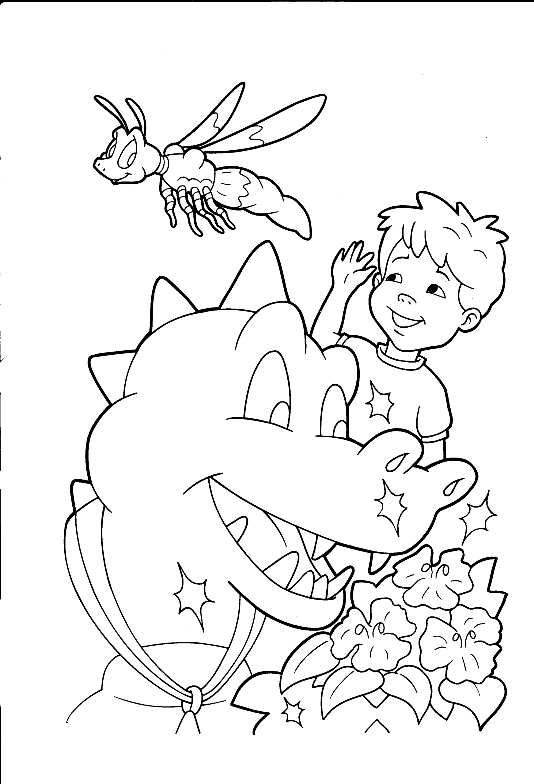 Kolorowanka smok zachwyca się kwiatkiem obok chłopca, który macha lecącemu owadowi