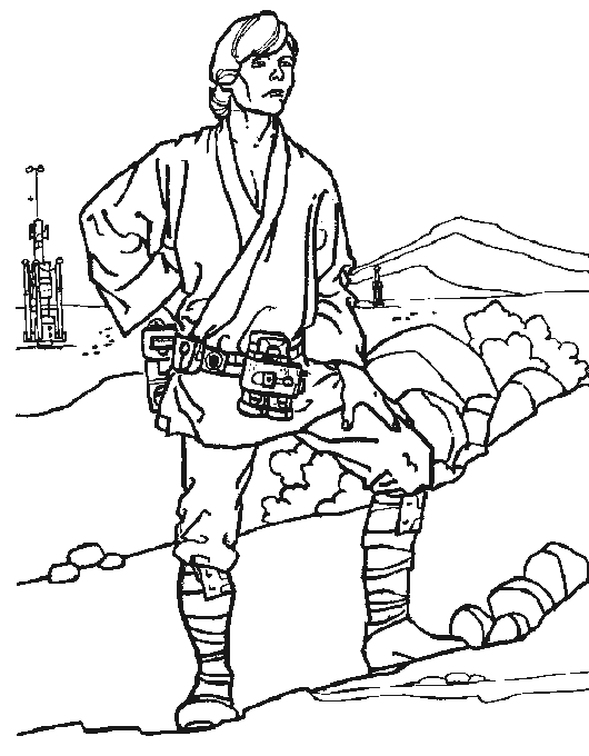 Kolorowanka Star Wars Anakin Skywalker stoi na środku pustyni z pasem na biodrach