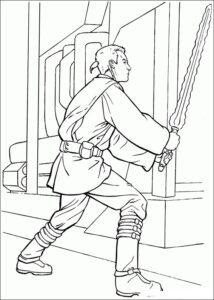 Kolorowanka Star Wars Anakin Skywalker stoi z mieczem świetlnym w ręce ...
