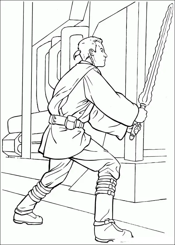 Kolorowanka Star Wars Anakin Skywalker stoi z mieczem świetlnym w ręce skierowany w bok