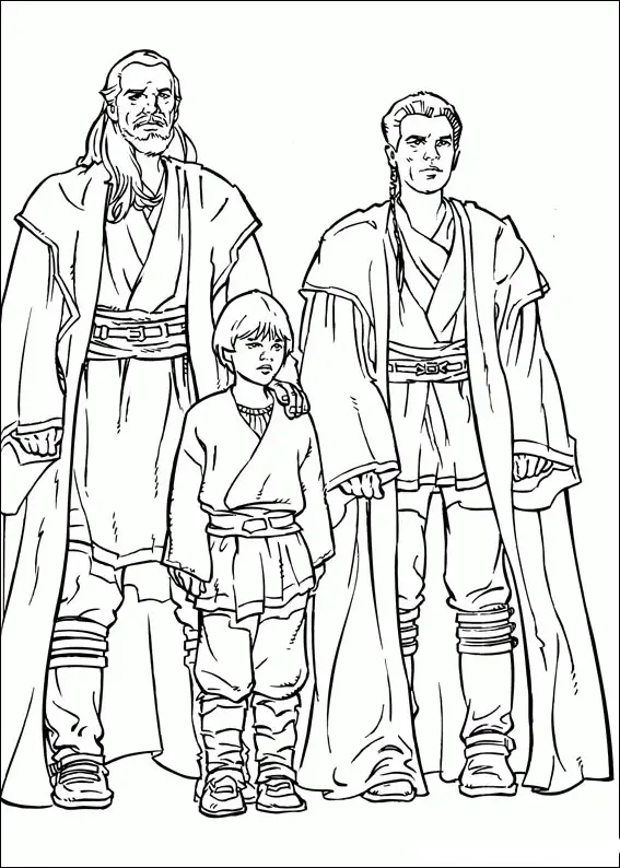 Kolorowanka Star Wars Anakin Skywalker stoi z Obi-Wanem Kenobi oraz Lukiem w szatach