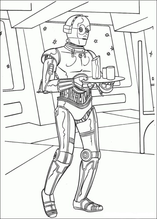 Kolorowanka Star Wars C-3PO niesie napoje na tacy na statku kosmicznym