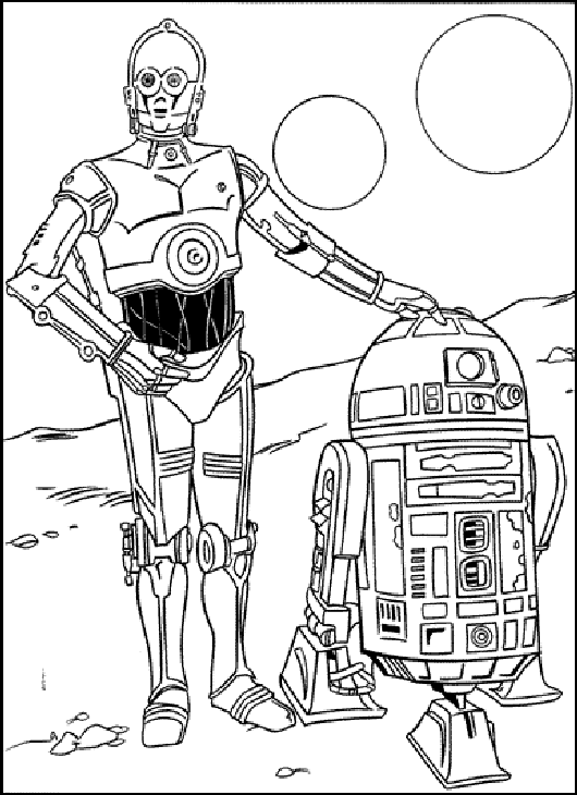 Kolorowanka Star Wars C-3PO trzyma rękę na R2D2 stojąc obok niego na planecie z dwoma Słońcami