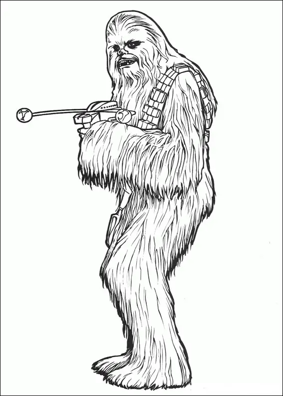 Kolorowanka Star Wars Chewbacca stoi z kuszą laserową w pozycji bojowej