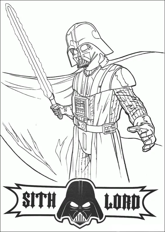 Kolorowanka Star Wars Darth Vader sith lord stoi z mieczem świetlnym w ręce i powiewającą peleryną
