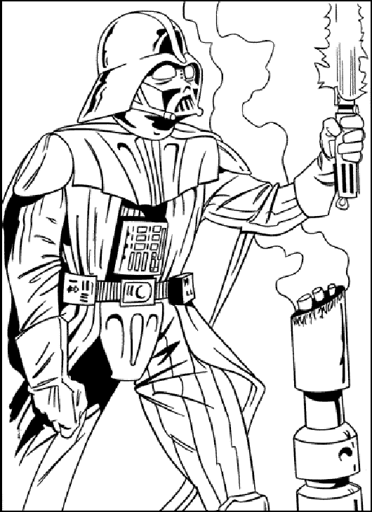 Kolorowanka Star Wars Darth Vader stoi z mieczem świetlnym przy przeciętej rurze
