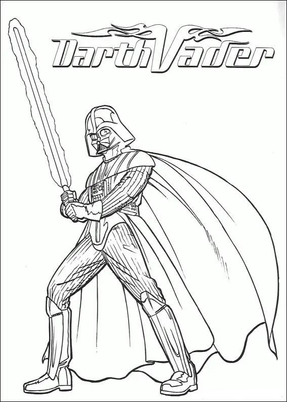 Kolorowanka star wars Darth Vader stoi z peleryną i mieczem świetlnym trzymanym w obu rękach