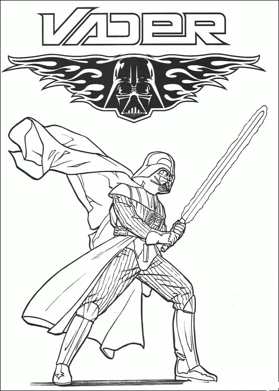 Kolorowanka Star Wars Darth Vader stoi z peleryną powiewającą na wietrze oraz z mieczem świetlnym w rękach
