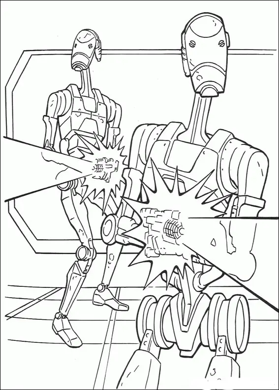 Kolorowanka Star Wars dwa imperialne droidy strzelają z blasterów na statku kosmicznym