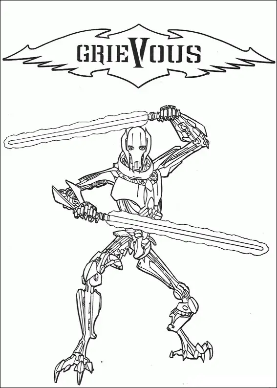 Kolorowanka Star Wars generał Grievous stoi w rozkroku trzymając dwa miecze świetlne
