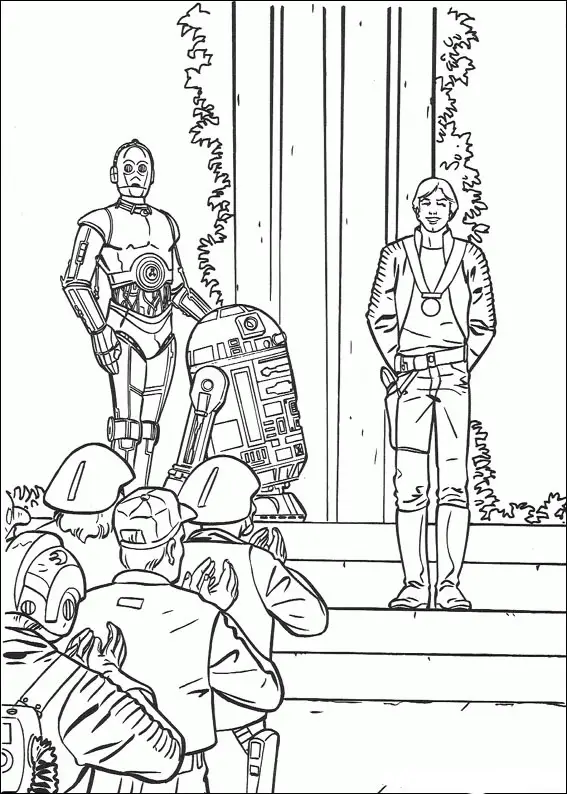 Kolorowanka Star Wars Han Solo stoi na schodach z C-3PO i R2D2 podczas święta i przyznania medalu