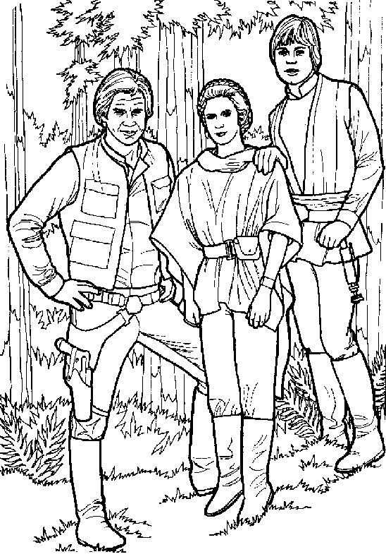 Kolorowanka Star Wars Han Solo stoi w lesie z Lukiem Skywalkerem i księżniczką Leią