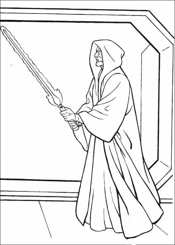 Kolorowanka Star Wars imperator Palpatine stoi w szatach z kapturem na głowie i trzyma miecz świetlny w rękach
