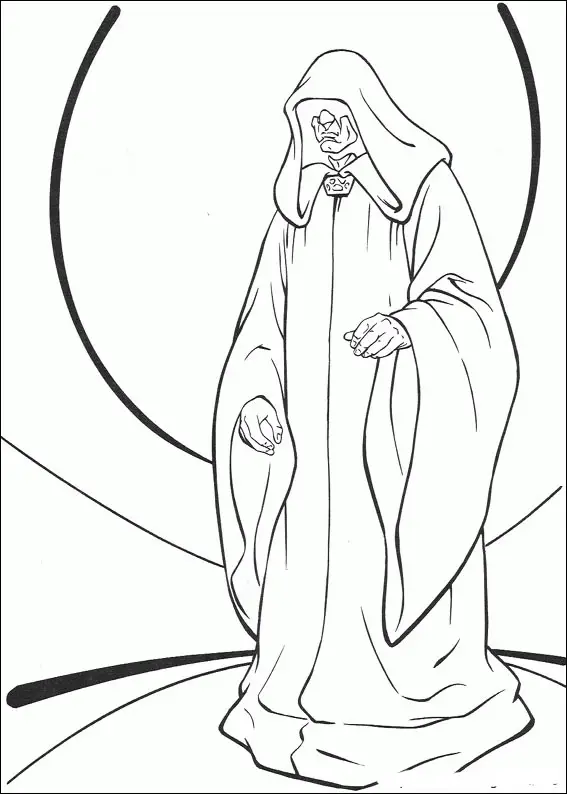 Kolorowanka Star Wars imperator Palpatine stoi w szatach z kapturem na głowie w świątyni
